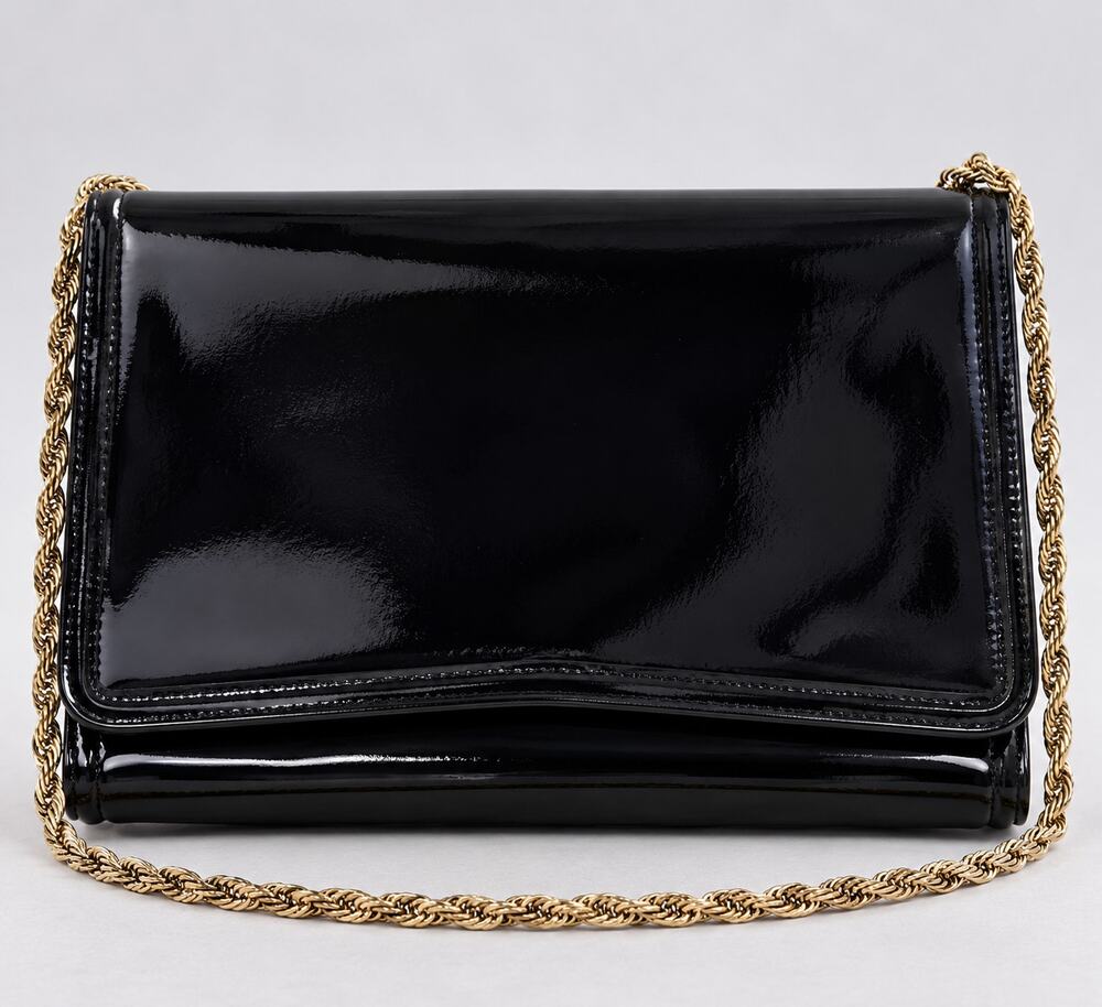 Vintage MM Marris Moskowitz Black Patent Faux Leather Envelope Clutch